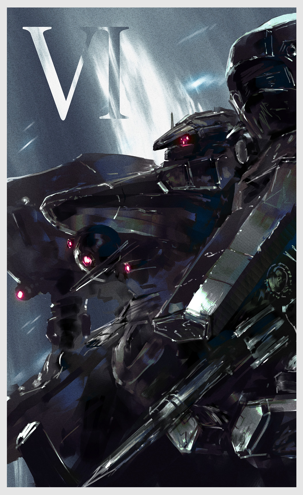 armored_core armored_core_6 commentary_request glowing glowing_eye grey_background highres mecha no_humans one-eyed pink_eyes robot roman_numeral science_fiction solo upper_body yutori_(clockwork_chicken)