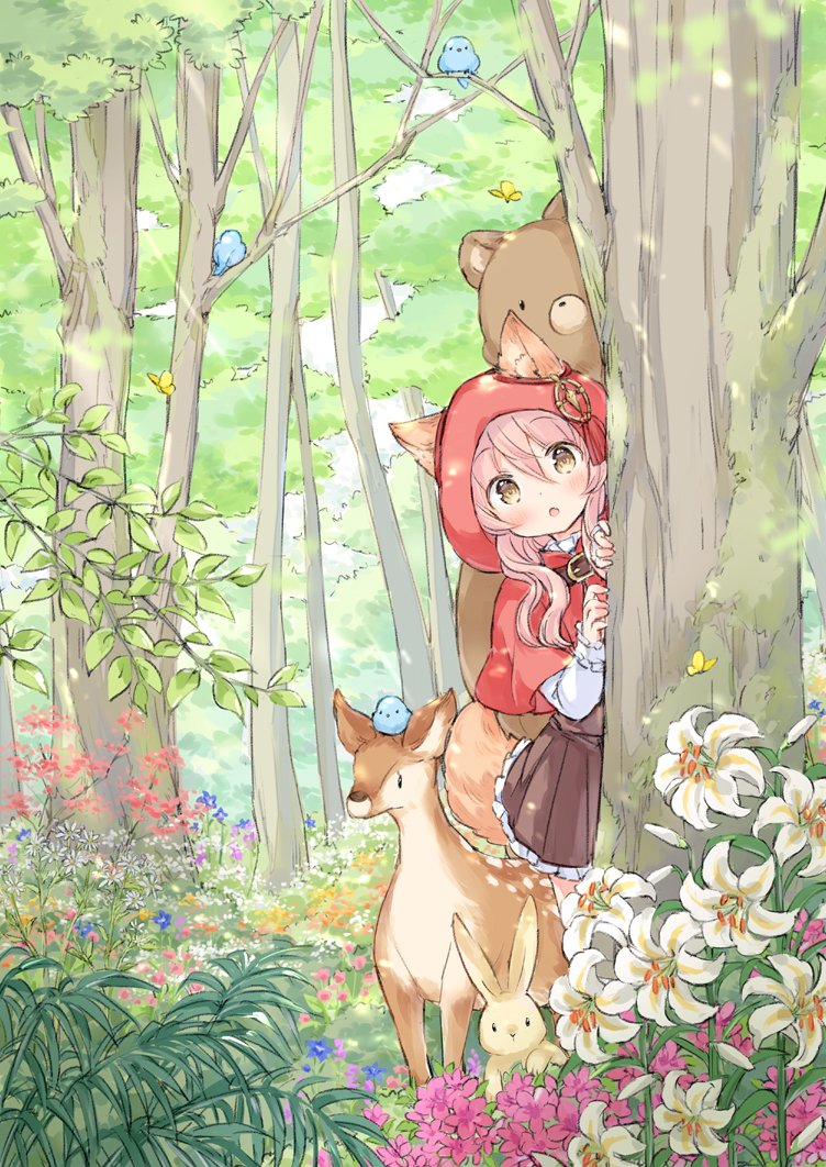 1girl :o animal animal_ears bangs bear bird blush brown_eyes brown_skirt bug butterfly capelet commentary_request deer ears_through_headwear fang flower forest frilled_skirt frills hair_between_eyes hands_up hood hood_up hooded_capelet long_sleeves nature original parted_lips peeking_out pink_hair pleated_skirt rabbit red_capelet shirt skirt sleeves_past_wrists solo tail thighhighs tree wataame27 white_flower white_shirt white_thighhighs wolf-chan_(wataame27) wolf_ears wolf_girl wolf_tail