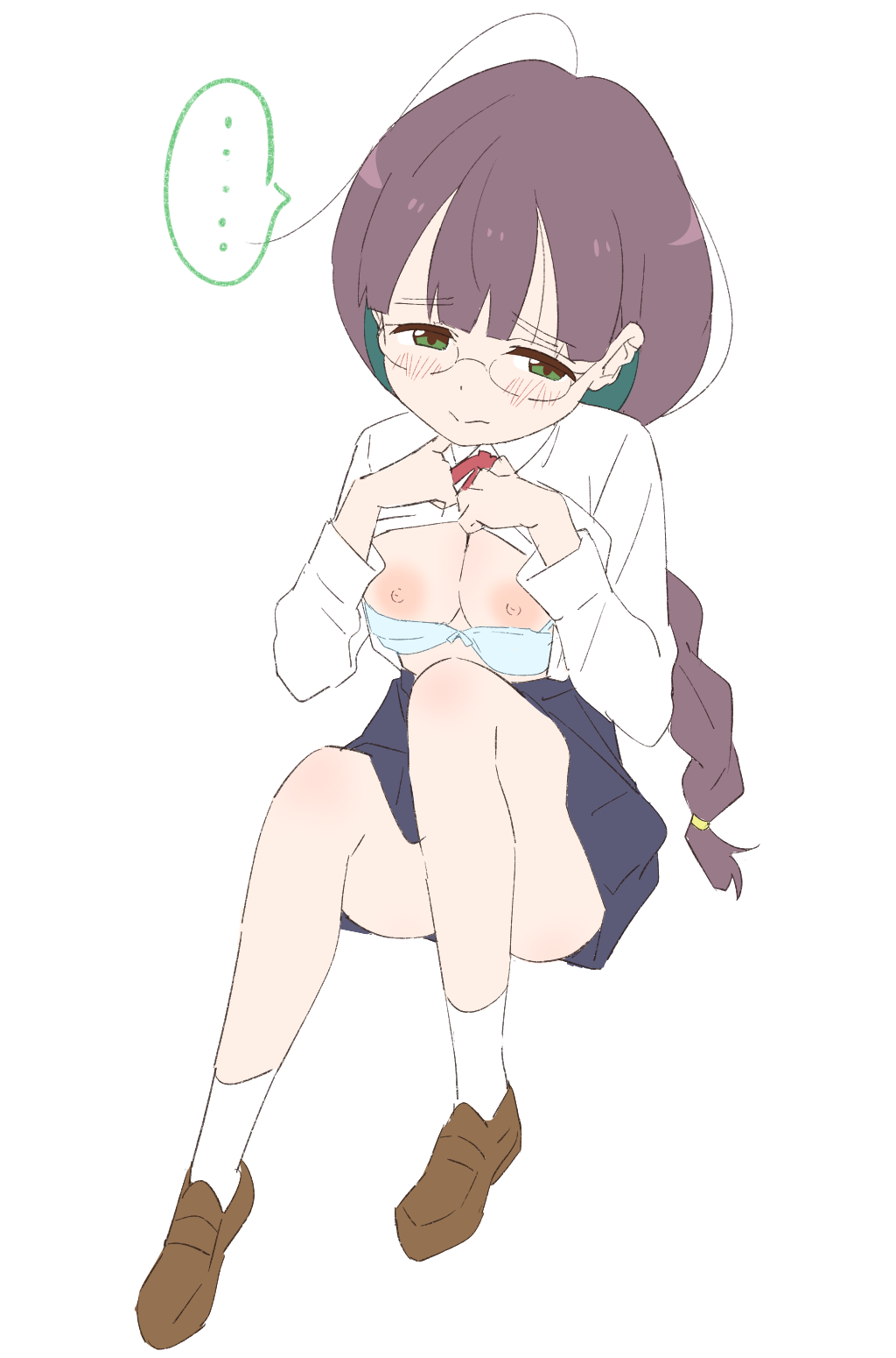... 1girl bangs black_skirt blue_bra blush bow bowtie bra bra_pull braid braided_ponytail breasts brown_footwear closed_mouth clothes_pull do_it_yourself!! glassses green_eyes highres hikage_takumi large_breasts long_sleeves looking_down open_clothes open_shirt purple_hair red_bow red_bowtie school_uniform shirt shoes simple_background sincos sitting skirt socks solo spoken_ellipsis underwear white_background white_shirt white_socks