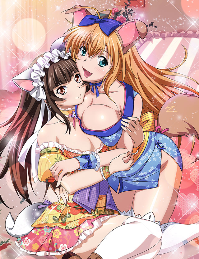 2girls :d animal_ears bangs blonde_hair blue_bow blue_eyes blue_kimono blunt_bangs bow breast_press breasts brown_eyes brown_hair cat_ears choker cleavage closed_mouth collarbone dog_tail fake_animal_ears fake_tail fang flat_chest floral_print frilled_choker frilled_skirt frills hair_bow hug ikkitousen japanese_clothes kan'u_unchou kimono large_breasts long_hair looking_at_viewer miniskirt multiple_girls no_panties pink_skirt print_skirt shiny shiny_hair short_kimono side_slit skirt sleeveless sleeveless_kimono smile tail ten'i_(ikkitousen) thighhighs very_long_hair white_thighhighs yellow_choker yuri