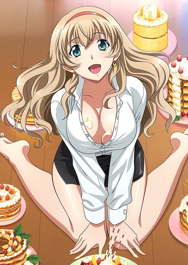 1girl :d bangs bare_legs barefoot black_skirt blue_eyes breasts cleavage collarbone dress_shirt earrings from_above hair_between_eyes hairband ikkitousen jewelry large_breasts light_brown_hair long_hair long_sleeves looking_at_viewer looking_up magatama magatama_earrings miniskirt open_clothes open_mouth open_shirt partially_unbuttoned pencil_skirt red_hairband shiny shiny_hair shirt side_slit sitting skirt smile solo sonken_chuubou very_long_hair wariza white_shirt wooden_floor