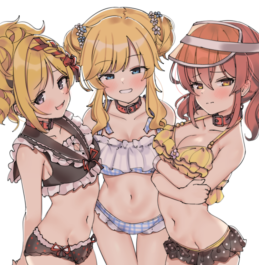 3girls aa211108 animal_collar bikini bikini_skirt blonde_hair blush breasts cleavage collar double_bun flower frilled_bikini frills fujimoto_rina hair_bun hair_flower hair_ornament hair_ribbon hat idolmaster idolmaster_cinderella_girls idolmaster_cinderella_girls_starlight_stage jougasaki_mika midriff multiple_girls navel ohtsuki_yui pink_hair plaid plaid_bikini polka_dot polka_dot_bikini ponytail ribbon ribbon_braid swimsuit