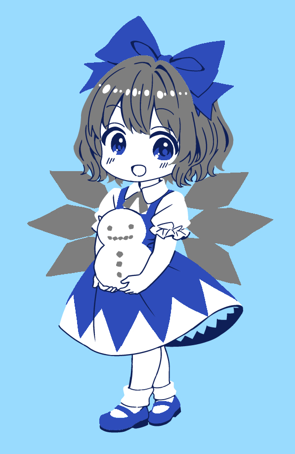 1girl :d ama-tou ankle_socks bangs black_bow blue_background blue_bow blue_dress blue_eyes blue_footwear blue_theme blush bow chibi cirno cross_tie dress frilled_sleeves frills full_body hair_bow holding holding_snowman looking_at_viewer mary_janes monochrome no_nose open_mouth pinafore_dress puffy_short_sleeves puffy_sleeves shoes short_hair short_sleeves simple_background smile snowman socks solo standing tareme touhou wing_collar wings