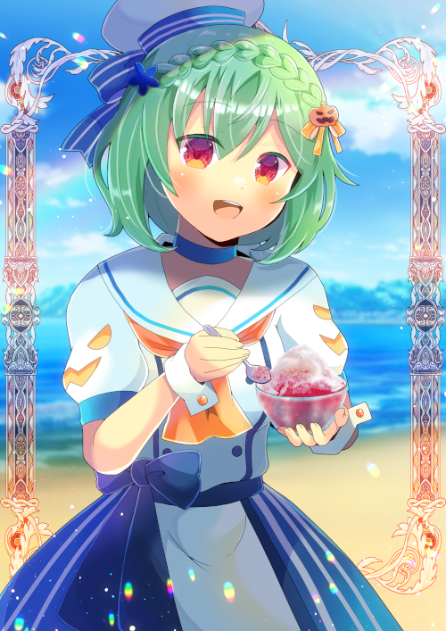 1girl :d ascot bangs beach beret blue_bow blue_flower blue_skirt blue_sky blurry blurry_background bow bowl braid cloud commentary_request commission day depth_of_field flower flower_knight_girl food green_hair hair_between_eyes hair_flower hair_ornament hat holding holding_bowl holding_spoon horns jack-o'-lantern jack-o'-lantern_hair_ornament kou_hiyoyo looking_at_viewer ocean orange_ascot outdoors pepo_(flower_knight_girl) puffy_short_sleeves puffy_sleeves red_eyes sailor_collar sand school_uniform serafuku shaved_ice shirt short_sleeves skeb_commission skirt sky smile solo spoon striped striped_bow striped_skirt vertical-striped_skirt vertical_stripes water white_headwear white_sailor_collar white_shirt