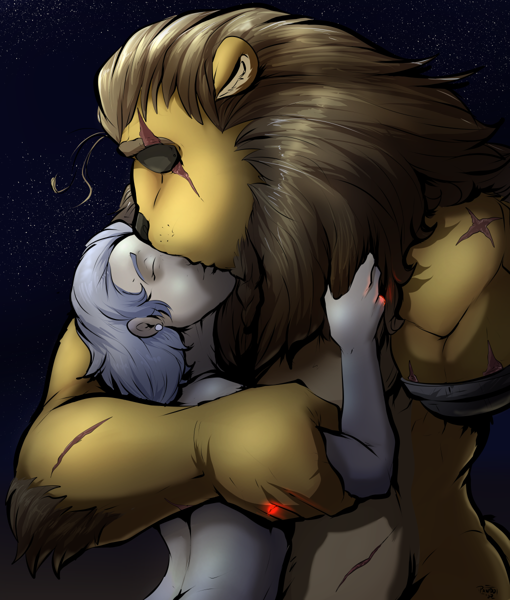 amputee anthro back_muscles brown_mane butt disability duo embrace eye_scar eyes_closed facial_scar felid fur hair hi_res hug human human_on_anthro interspecies intimate kissing larger_anthro larger_male lion male male/male mammal mane missing_arm muscular muscular_anthro muscular_male nude pandottermon pantherine ring romantic romantic_couple scar size_difference smaller_human smaller_male white_hair yellow_body yellow_fur