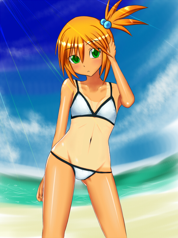 artist_request beach bikini blush green_eyes gym_leader kasumi_(pokemon) orange_hair pokemon short_hair swimsuit tan tanline