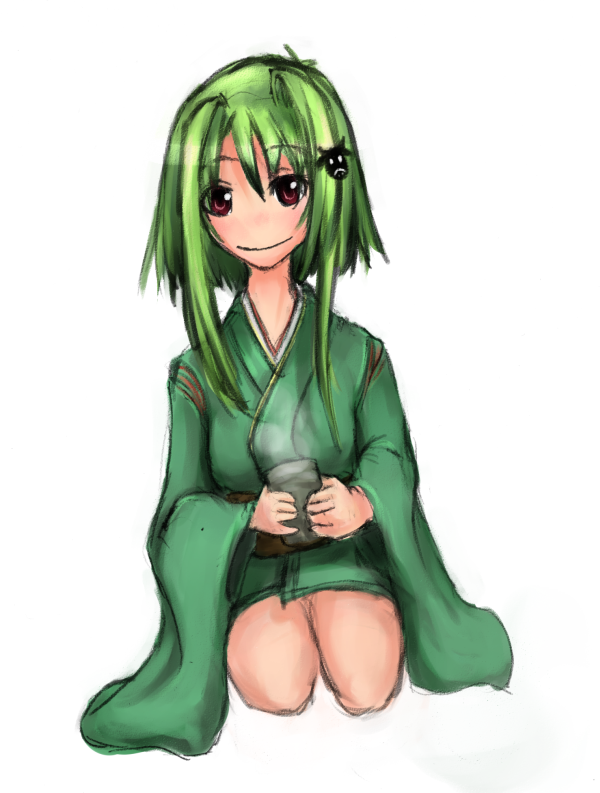 cup female girl green_hair japanese_clothes kimono wasabikarasi