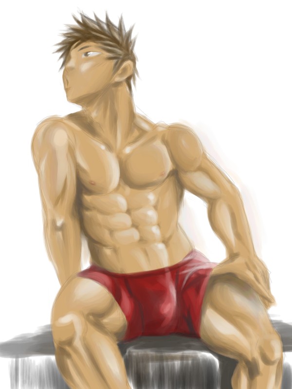 black_hair boxers itto_(mentaiko) looking_away male_focus mentaiko muscle muscles solo underwear white_background