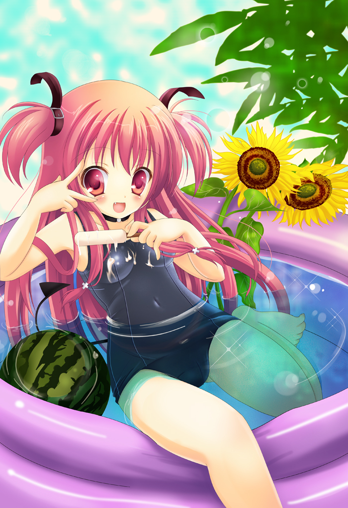 angel_beats! flower food fruit long_hair pink_hair popsicle red_eyes school_swimsuit solo submerged sunflower swimsuit two_side_up wading_pool watermelon yui_(angel_beats!) yuutsuki_hina