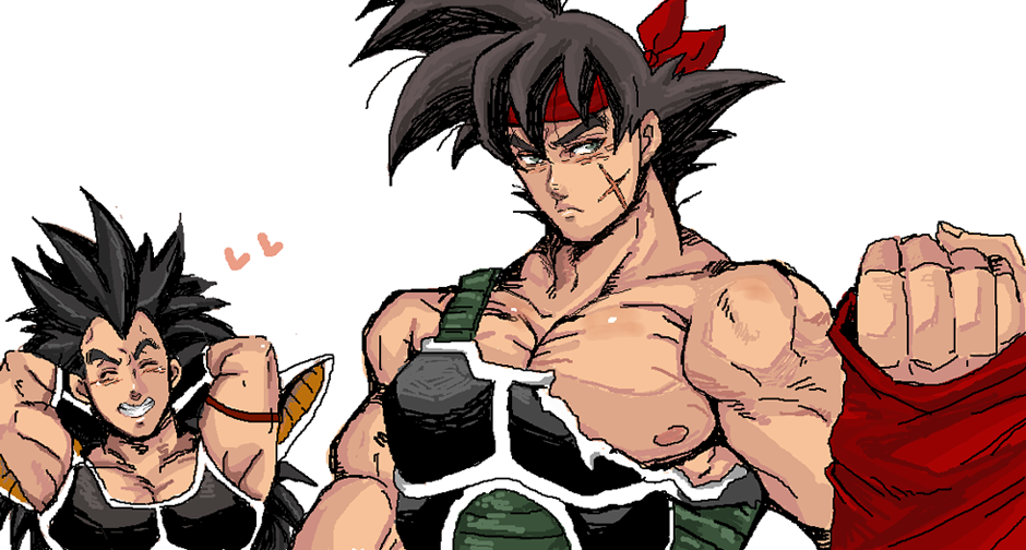 age_difference bara bardock black_hair dragon_ball dragonball_z father_and_son heart male male_focus muscle raditz scar smile