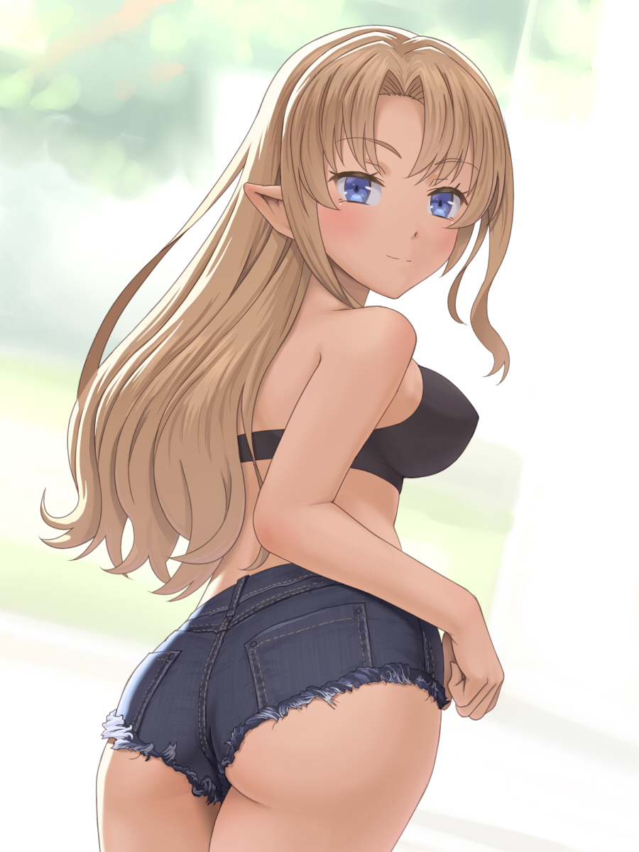 1girl ass blonde_hair blue_eyes blue_shorts blurry blurry_background breasts closed_mouth commentary_request denim denim_shorts elf from_behind highres long_hair looking_at_viewer medium_breasts meow_(nekodenki) original pointy_ears short_shorts shorts smile solo