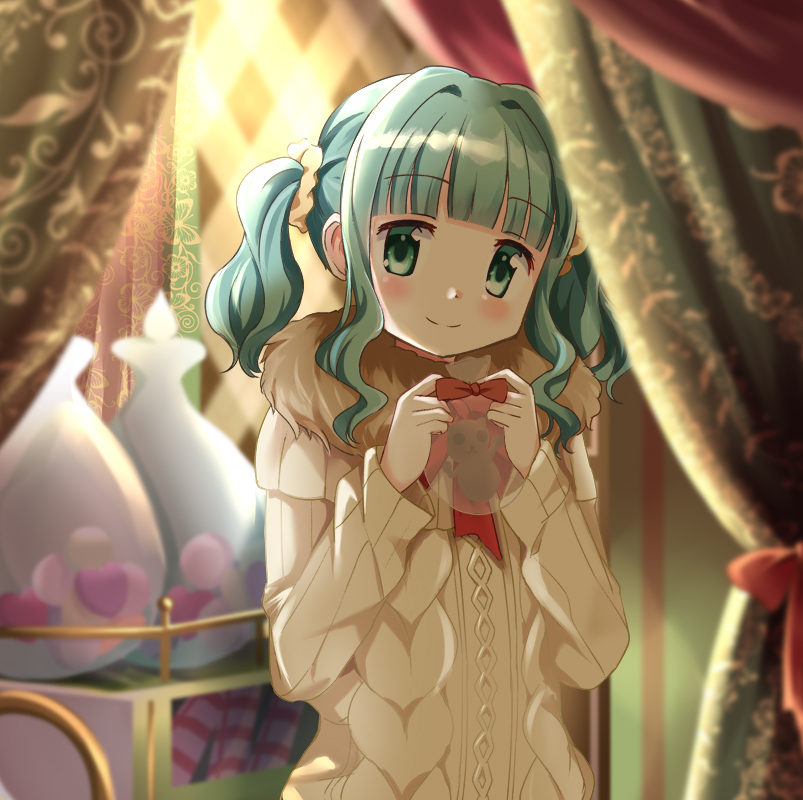 1girl aqua_hair aran_sweater bag bangs blunt_bangs blush bow brown_scarf cable_knit curtains fur_scarf futaba_sana futaba_sana_(winter_costume) green_eyes hair_ornament hair_scrunchie head_tilt holding holding_bag indoors long_sleeves looking_at_viewer magia_record:_mahou_shoujo_madoka_magica_gaiden mahou_shoujo_madoka_magica medium_hair neck_ribbon red_bow red_ribbon ribbon rikopin scarf scrunchie sidelcoks smile solo split_mouth sweater twinatils twintails upper_body wavy_hair yellow_scrunchie yellow_sweater