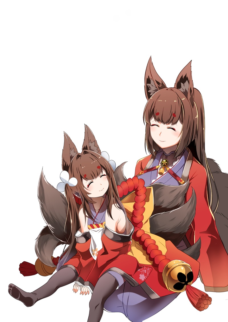 2girls aged_down amagi-chan_(azur_lane) amagi_(azur_lane) animal_ears azur_lane brown_hair brown_sash brown_tail closed_eyes closed_mouth dual_persona eyeshadow fox_ears fox_girl fox_tail japanese_clothes kimono kitsune kyuubi long_hair looking_at_another makeup multiple_girls multiple_tails rope shimenawa smile steed_(steed_enterprise) tail thick_eyebrows time_paradox