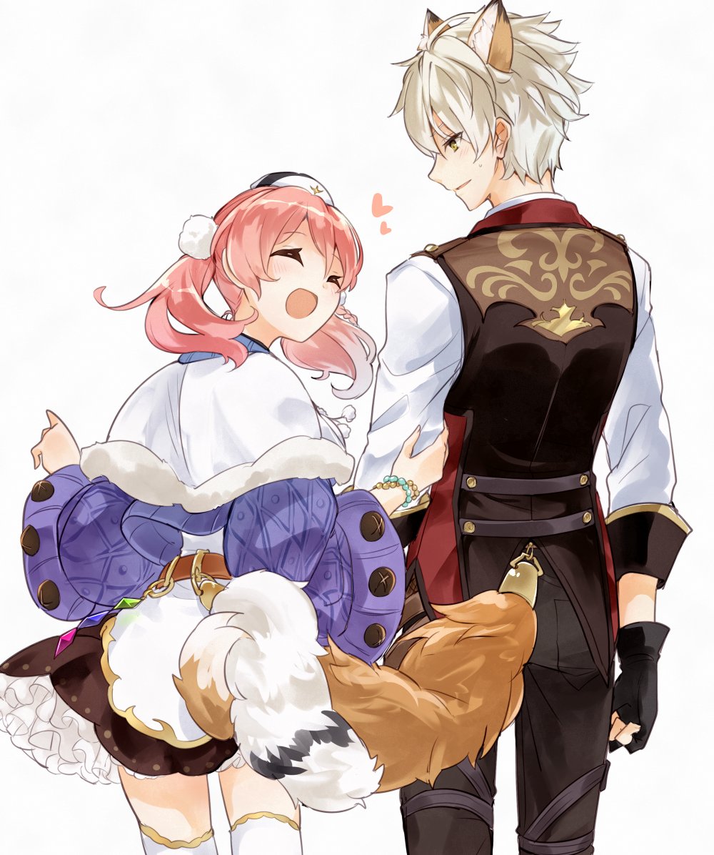 1boy 1girl animal_ears atelier_(series) atelier_escha_&amp;_logy blush choker closed_eyes escha_malier from_behind gloves hat heart holding_another's_arm karasumi_(aiseec) logix_ficsario long_sleeves looking_at_another open_mouth pants pink_hair shirt short_hair simple_background skirt smile standing tail thighhighs twintails vest white_background white_hair white_shirt wide_sleeves
