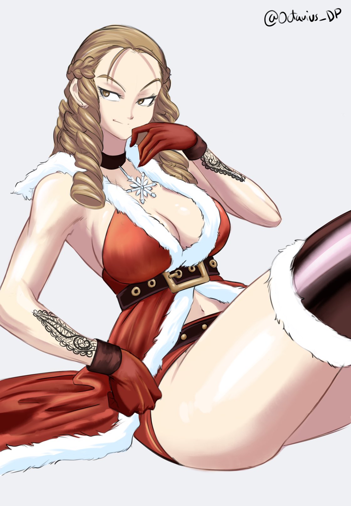 1girl alternate_hair_color antenna_hair arm_tattoo belt black_choker black_thighhighs braid breasts brown_eyes brown_hair choker christmas cleavage coattails crown_braid curvy dress english_commentary eyeliner forehead fur_trim gloves grey_background hair_pulled_back highres kanzuki_karin large_breasts long_hair looking_to_the_side makeup microskirt navel no_bra octavius_(octavius_dp) official_art pendant_choker plunging_neckline red_dress red_gloves red_skirt ringlets sideboob sitting skirt sleeveless sleeveless_dress solo star_ornament street_fighter street_fighter_v tattoo thick_thighs thighhighs thighs