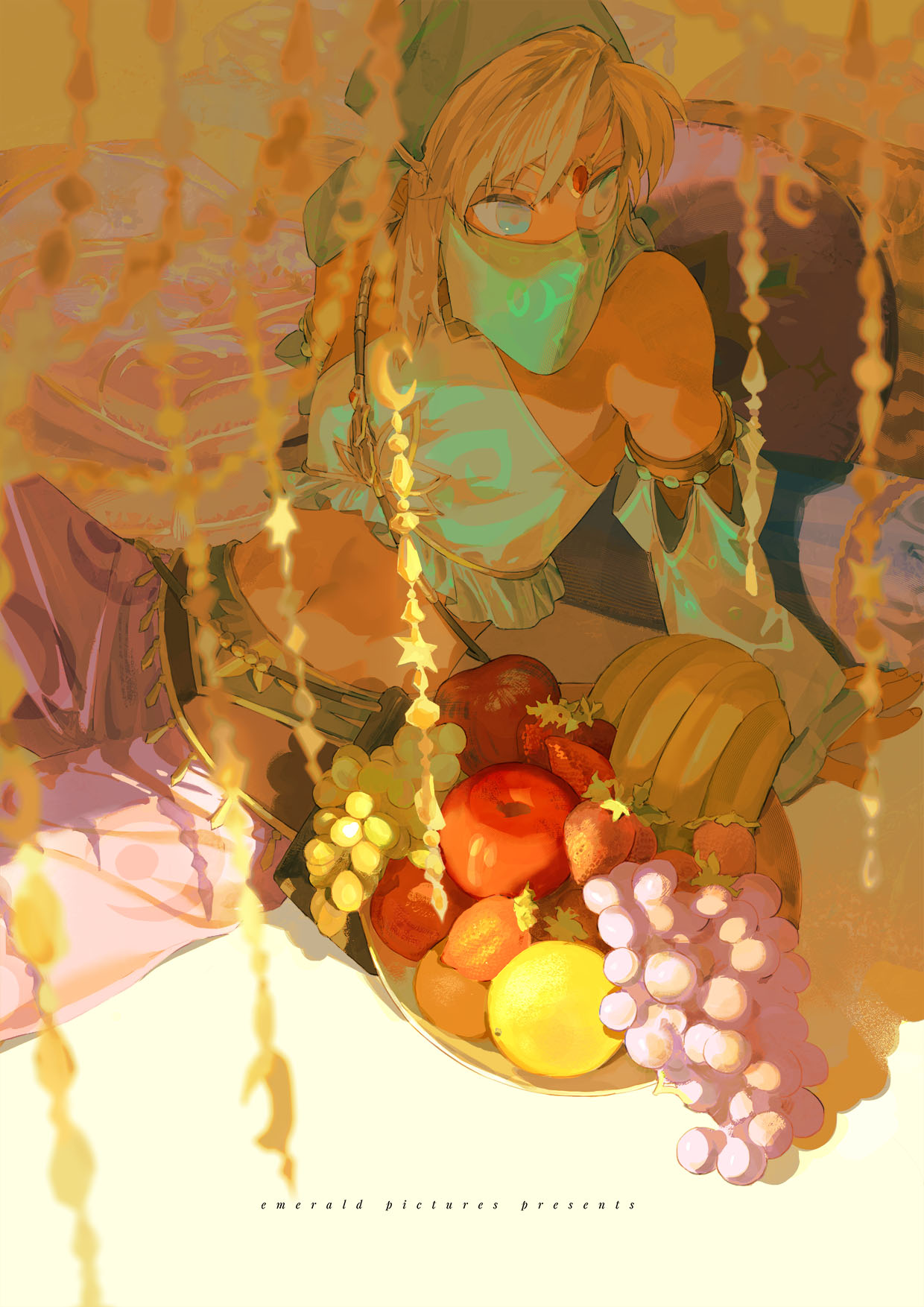 1boy apple bare_shoulders blonde_hair blue_eyes cowboy_shot crop_top crossdressing curtains detached_sleeves food fruit grapes hair_between_eyes harem_outfit harem_pants head_chain highres holy_pumpkin link looking_to_the_side male_focus midriff mouth_veil pants reclining solo the_legend_of_zelda the_legend_of_zelda:_breath_of_the_wild veil