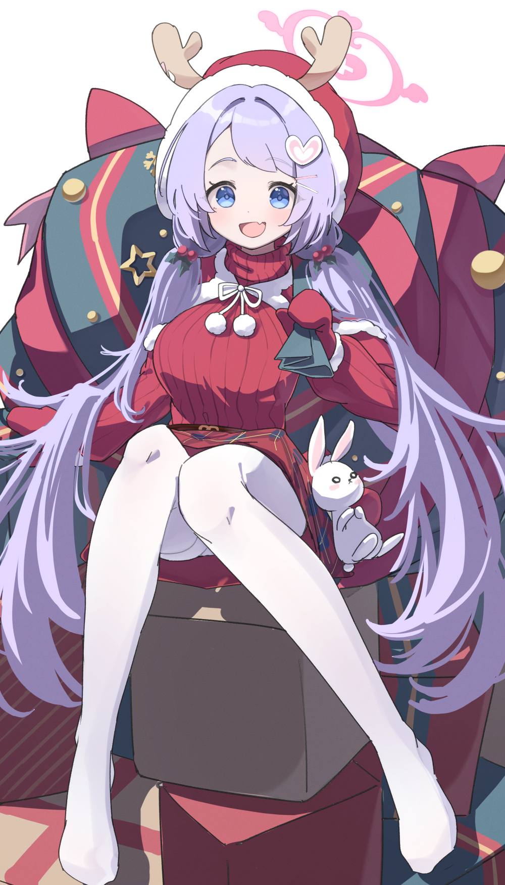 1girl :d blue_archive blue_eyes box christmas fake_antlers fang full_body hair_bobbles hair_ornament hairclip halo hanae_(blue_archive) hanae_(christmas)_(blue_archive) hat heart heart_hair_ornament highres holding holding_sack long_hair long_sleeves looking_at_viewer namaonpa open_mouth pantyhose plaid plaid_skirt pom_pom_(clothes) purple_hair red_headwear red_mittens red_sweater sack santa_hat simple_background sitting sitting_on_box skin_fang skirt smile solo stuffed_animal stuffed_bunny stuffed_toy sweater twintails white_background white_pantyhose