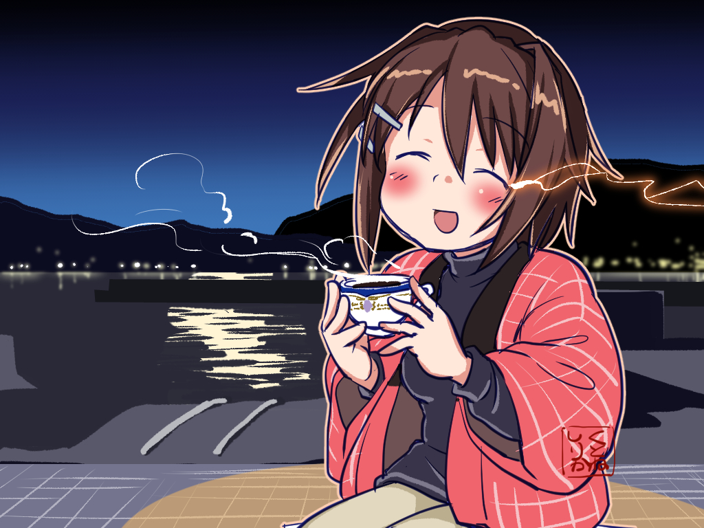 1girl artist_logo black_sweater brown_hair closed_eyes commentary_request cowboy_shot cup furutaka_(kancolle) gradient_sky grey_pants hanten_(clothes) kantai_collection kutone_shirika landscape night outdoors pants short_hair sky smile solo spark sweater teacup