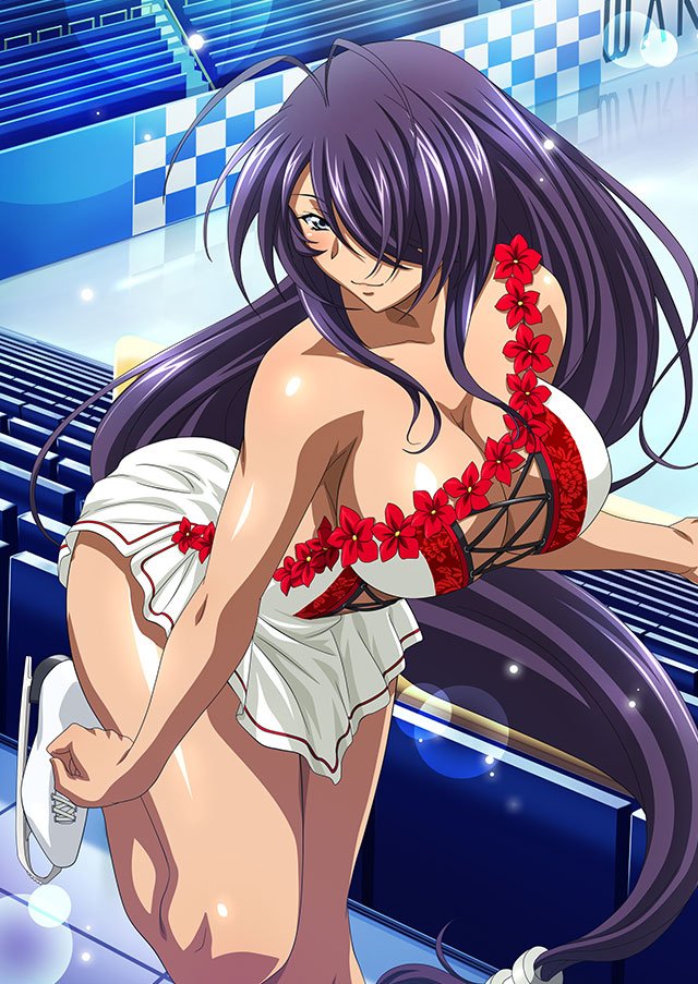 1girl :3 antenna_hair bare_arms bare_legs breasts cleavage closed_mouth dress floating_hair flower grey_eyes hair_over_one_eye ice_skates ikkitousen indoors kan'u_unchou large_breasts lens_flare long_hair low-tied_long_hair purple_hair red_flower revealing_clothes shiny shiny_hair shiny_skin short_dress skates sleeveless sleeveless_dress smile solo standing standing_on_one_leg very_long_hair white_dress white_footwear