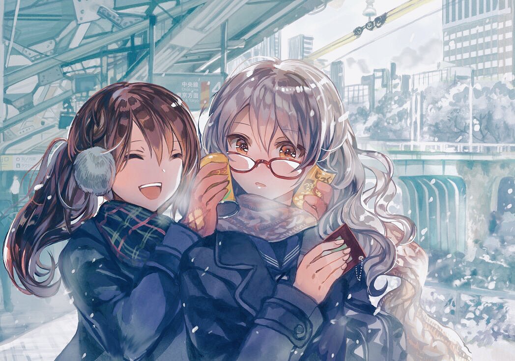 2girls :d breath brown_hair can can_to_cheek canned_coffee closed_eyes coat commentary_request glasses happy long_hair multiple_girls open_mouth original outdoors real_world_location red-framed_eyewear rioka_(southern_blue_sky) scarf smile tokyo_(city) twintails white_hair winter winter_clothes