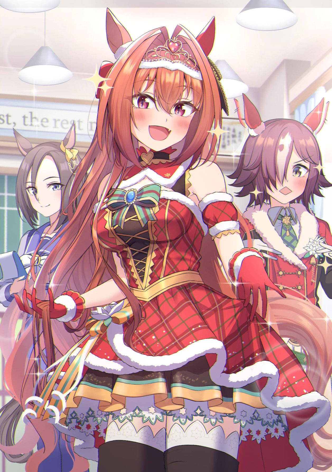 3girls :&lt;&gt; :d afterimage air_groove_(umamusume) animal_ears bangs black_thighhighs blurry blurry_background blush bow breasts brown_eyes brown_hair ceiling_light collared_shirt commentary_request daiwa_scarlet_(scarlet_nuit_etoile)_(umamusume) daiwa_scarlet_(umamusume) depth_of_field detached_sleeves dress ear_wiggle english_text fur-trimmed_sleeves fur_trim gloves green_bow green_necktie grey_eyes hair_intakes hair_over_one_eye highres horse_ears horse_girl horse_tail illuminate_the_heart_(umamusume) indoors jacket large_breasts long_hair multicolored_hair multiple_girls necktie parted_bangs plaid plaid_dress purple_shirt red_dress red_eyes red_gloves red_jacket red_sleeves school_uniform shaka_(staito0515) shirt smile sparkle striped striped_bow tail thighhighs tiara tracen_school_uniform two-tone_hair umamusume very_long_hair vodka_(nonfreezing_aqua_vitae)_(umamusume) vodka_(umamusume) white_bow white_hair white_shirt