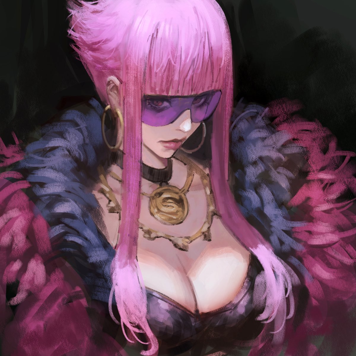 1girl breasts cleavage closed_mouth earrings fur_shawl highres jewelry large_breasts lipstick looking_at_viewer makeup manon_(street_fighter) necklace phamoz pink_hair pink_lips shawl street_fighter street_fighter_6 sunglasses upper_body