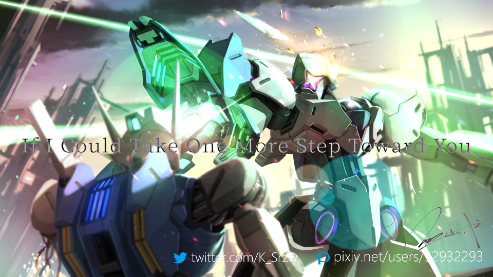 beam building cloud cloudy_sky commentary damaged english_text episode_title gundam gundam_aerial gundam_suisei_no_majo headshot mecha michaelis_(mobile_suit) mobile_suit no_humans one-eyed pixiv_id pixiv_logo purple_eyes robot ruins serike_w signature sky twitter_logo twitter_username v-fin