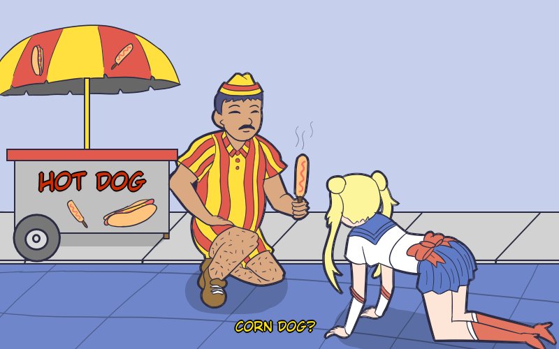 1boy 1girl ^_^ all_fours bishoujo_senshi_sailor_moon black_hair blonde_hair blue_background blue_sailor_collar blue_skirt body_hair boots bow brown_footwear closed_eyes commentary corn_dog english_commentary english_text facial_hair food from_side hair_bun holding holding_food hot_dog knee_boots long_hair looking_at_another meme mustache on_floor one_knee parasol pleated_skirt red_bow red_footwear sailor_collar sailor_moon_redraw_challenge_(meme) sailor_senshi_uniform short_hair simple_background skirt subtitled tsukino_usagi ttonyesp twintails umbrella uniform yellow_headwear