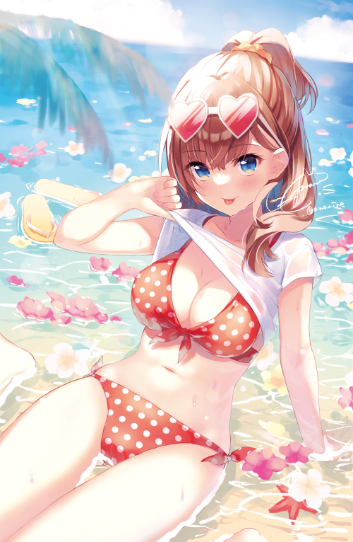 1girl :p amamine arm_support bangs bikini bikini_under_clothes blue_eyes blue_sky blush brown_hair clothes_lift cloud cloudy_sky commentary_request day eyewear_on_head flower flower_on_liquid front-tie_bikini_top front-tie_top hair_between_eyes heart heart-shaped_eyewear horizon lifted_by_self long_hair navel ocean original outdoors palm_tree polka_dot polka_dot_bikini ponytail red-tinted_eyewear red_bikini red_flower sandals sandals_removed see-through shallow_water shirt shirt_lift short_sleeves side-tie_bikini_bottom signature sky solo swimsuit thigh_gap tinted_eyewear tongue tongue_out tree twitter_username water wet wet_clothes wet_shirt white_flower white_shirt yellow_footwear