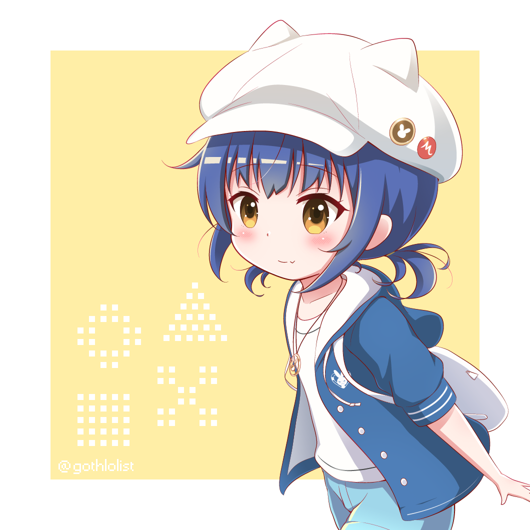 1girl animal_ears animal_hat backpack bag bangs blue_hair blue_jacket blue_shorts blush brown_eyes cabbie_hat closed_mouth collarbone commentary_request fake_animal_ears fang fang_out gochuumon_wa_usagi_desu_ka? goth_risuto hat hood hood_down hooded_jacket jacket jouga_maya open_clothes open_jacket shirt shorts smile solo twitter_username two-tone_background white_background white_headwear white_shirt yellow_background