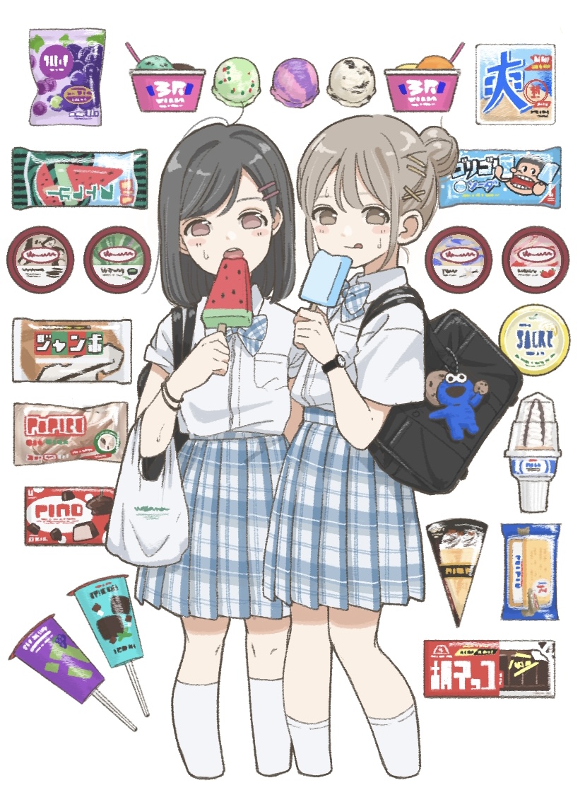 2girls bag bag_charm bangs black_bag black_hair blue_bow blue_bowtie blue_skirt bow bowtie bracelet candy carrying_bag character_doll charm_(object) chocolate chocolate_bar collared_shirt cookie_monster cropped_legs eating food grey_eyes grey_hair hair_bun hair_ornament hairpin holding holding_food holding_ice_cream ice_cream jewelry looking_at_viewer looking_to_the_side medium_hair mint_chocolate_chip monster multiple_girls multiple_hairpins original plaid plaid_bow plaid_bowtie plaid_skirt plastic_bag pocket popsicle product_placement school_bag school_uniform shirt short_sleeves simple_background single_hair_bun skirt socks sweat swept_bangs tongue tongue_out watch watermelon_bar white_background white_shirt white_socks wristwatch x_hair_ornament yuum1709