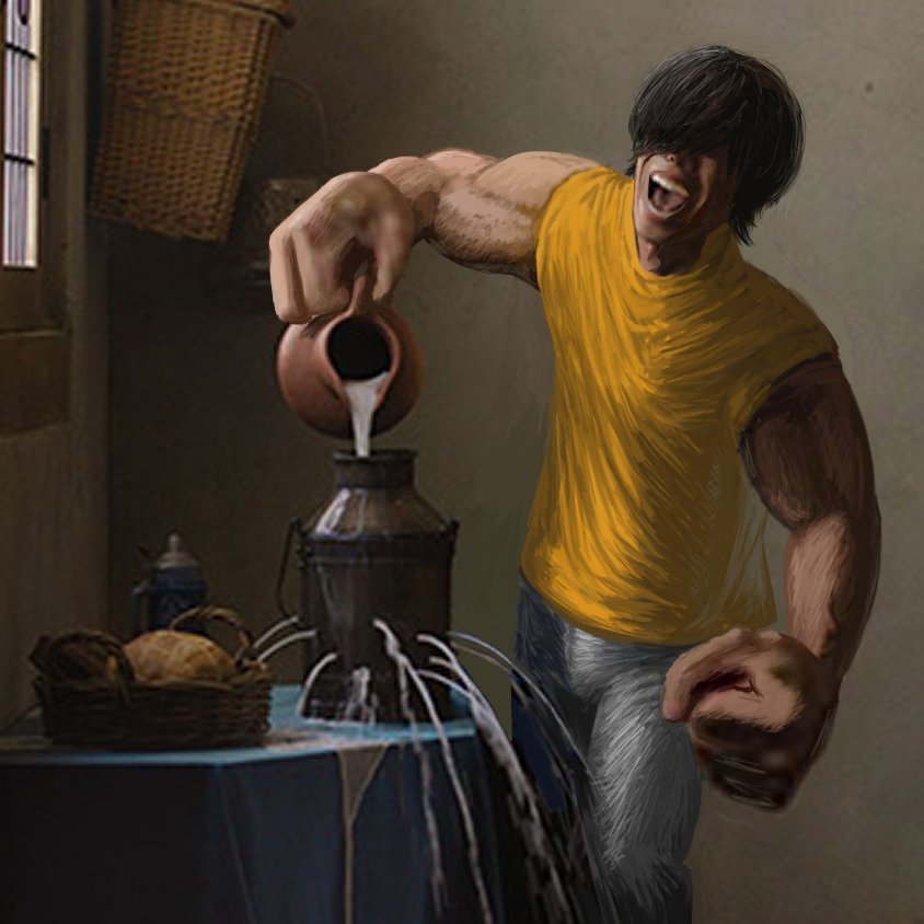 1boy bangs basket black_hair bread food hair_over_eyes jpeg_artifacts kick_back_(music_video) meme milk muscular muscular_male oversized_limbs pouring saishijyou screaming shirt short_hair solo white_shirt yonezu_kenshi_(person)