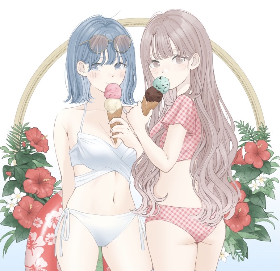 2girls ass bangs bare_arms bare_legs bare_shoulders blue_eyes blue_hair bra brown_eyes covered_mouth eyewear_on_head fern floral_print flower food hair_behind_ear holding holding_food holding_ice_cream ice_cream ice_cream_cone innertube leaf light_blush light_brown_hair light_smile long_hair looking_at_viewer midriff multiple_girls navel original panties pink_panties plaid plaid_swimsuit print_innertube red_flower red_innertube round_eyewear short_hair short_sleeves simple_background string_panties sunglasses swimsuit tinted_eyewear underwear white_background white_bra white_flower white_panties yuum1709