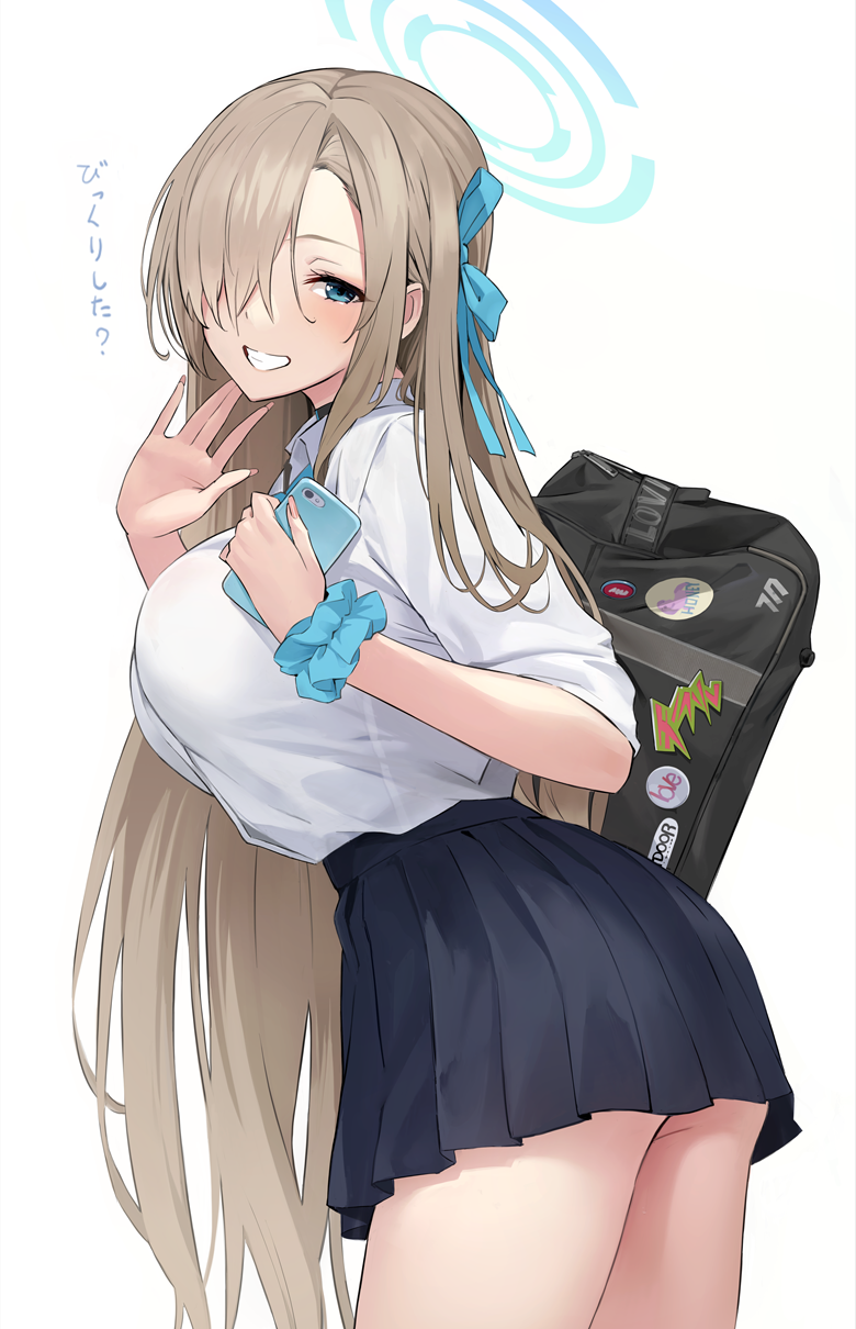 1girl ass asuna_(blue_archive) bag bag_charm black_skirt blue_archive blue_bow blue_bowtie blue_eyes blue_ribbon blue_scrunchie bow bowtie breasts cellphone charm_(object) grin hair_ornament hair_over_one_eye hair_ribbon hair_scrunchie halo highres holding holding_phone large_breasts long_hair looking_at_viewer natsume_yochiki phone pleated_skirt polka_dot polka_dot_scrunchie purple_scrunchie ribbon school_bag school_uniform scrunchie shirt shoulder_bag skirt smartphone smile solo teeth thighs very_long_hair white_shirt wrist_scrunchie