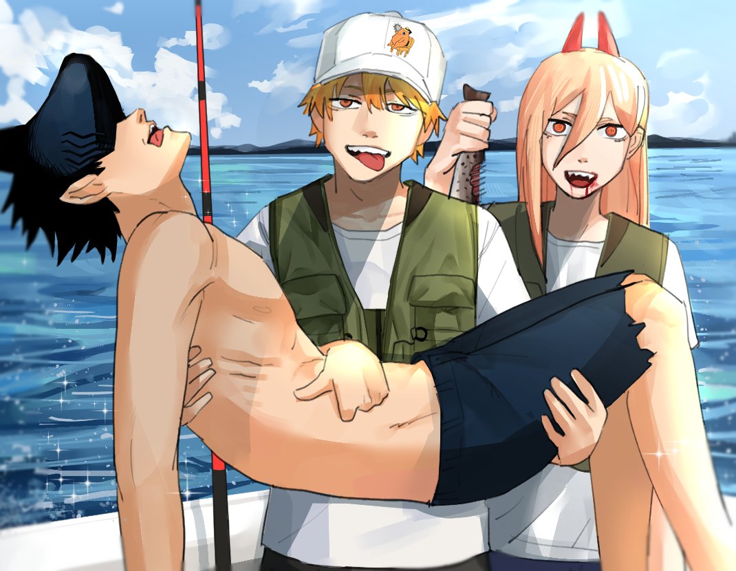 1girl 2boys animal beam_(chainsaw_man) blood blood_on_face blue_sky boat carrying chainsaw_man cloud cross-shaped_pupils denji_(chainsaw_man) fish fishing fishing_rod hair_between_eyes hat holding holding_animal holding_fish horns long_hair looking_at_viewer multiple_boys open_mouth pochita_(chainsaw_man) power_(chainsaw_man) princess_carry red_horns sealc4nfly sharp_teeth shirt short_hair shorts sky symbol-shaped_pupils teeth topless_male torn_clothes vest water watercraft white_shirt yellow_eyes