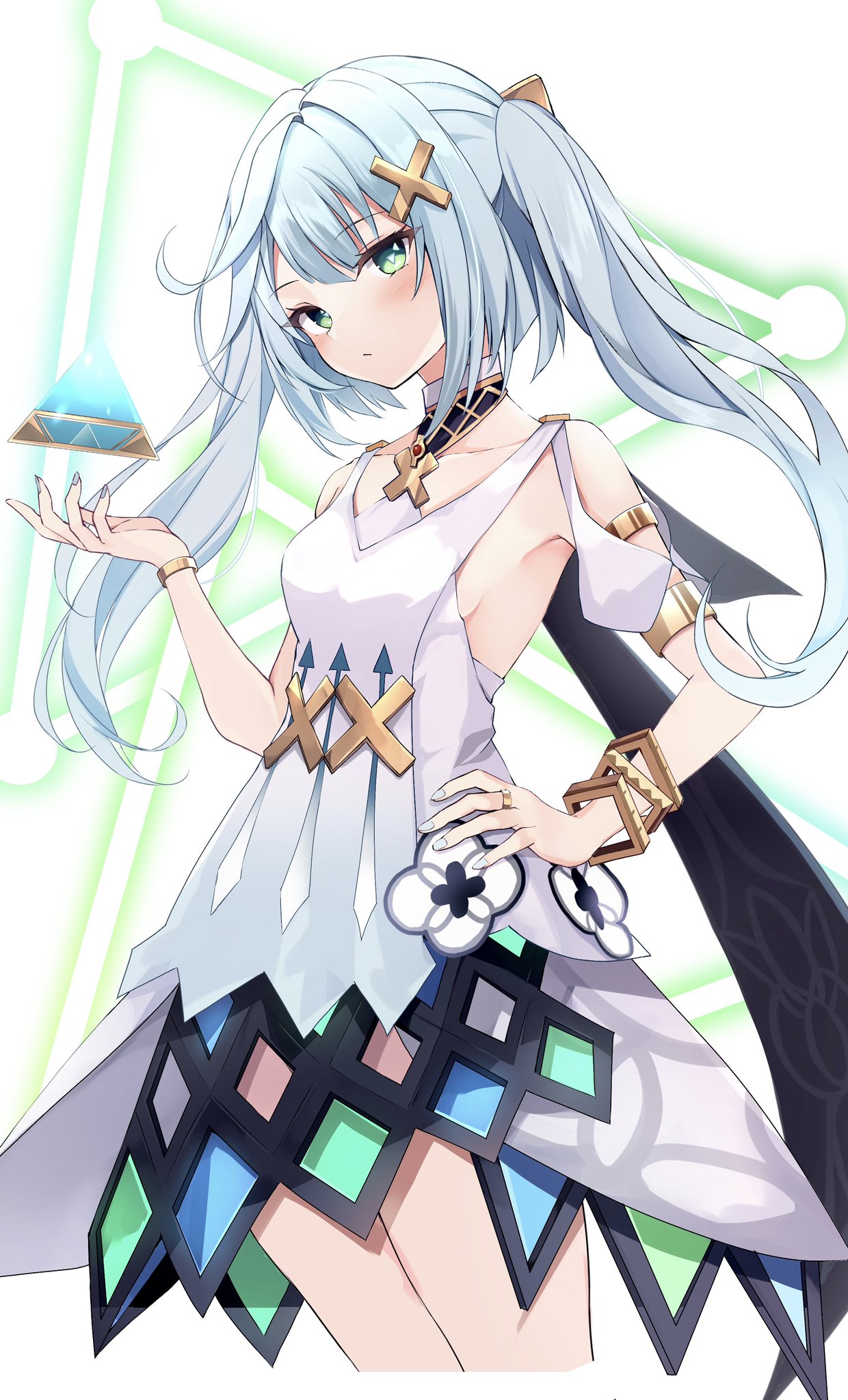 1girl :/ aqua_hair armlet armpits bangs bare_shoulders blush bracelet breasts closed_mouth clothing_cutout cowboy_shot cropped_legs dress faruzan_(genshin_impact) floating floating_object genshin_impact green_eyes hair_ornament hand_on_hip hand_up highres hyurasan jewelry long_hair looking_at_viewer multicolored_clothes multicolored_skirt ring short_sleeves shoulder_cutout sideboob sidelocks skirt skirt_cutout small_breasts solo thighs triangle-shaped_pupils twintails white_background white_dress white_nails x_hair_ornament