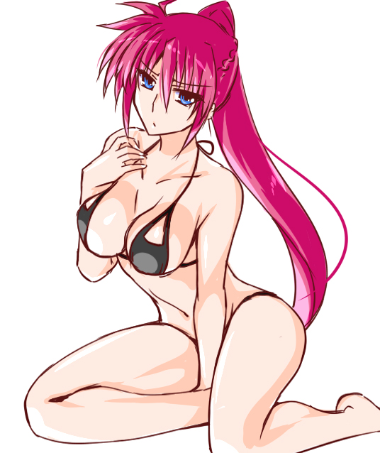 1girl bangs bare_arms bare_legs bare_shoulders barefoot between_legs bikini black_bikini blue_eyes braid breasts cleavage closed_mouth collarbone engo_(aquawatery) feet_out_of_frame hair_between_eyes halterneck hand_between_legs high_ponytail large_breasts long_hair lyrical_nanoha mahou_shoujo_lyrical_nanoha_strikers pink_hair shiny shiny_hair sideboob signum simple_background sitting sketch solo swimsuit very_long_hair white_background