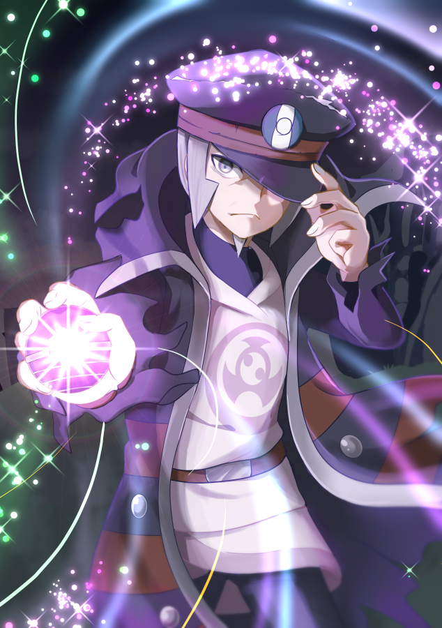 1boy belt belt_buckle brown_belt buckle closed_mouth coat commentary_request facial_hair frown goatee grey_eyes grey_hair hand_on_headwear hat high_collar holding_tera_orb ingo_(pokemon) jacket long_sideburns male_focus mizuiro123 peaked_cap pearl_clan_outfit pokemon pokemon_(game) pokemon_legends:_arceus shirt short_hair sideburns solo tera_orb torn_clothes torn_coat trench_coat