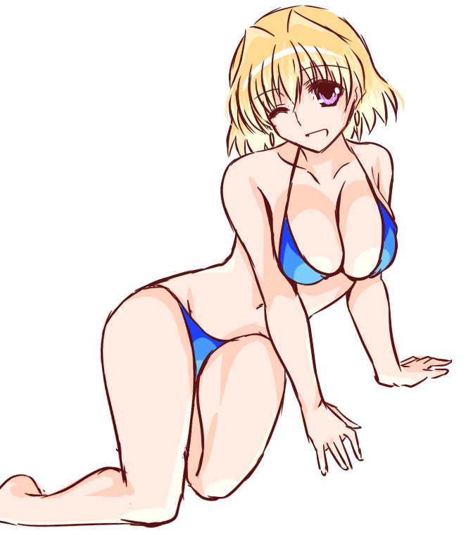1girl ;d bare_arms bare_legs barefoot bikini blonde_hair blue_bikini breasts cleavage collarbone engo_(aquawatery) feet_out_of_frame groin hair_intakes halterneck large_breasts looking_at_viewer lyrical_nanoha mahou_shoujo_lyrical_nanoha_strikers medium_hair navel one_eye_closed open_mouth purple_eyes shamal shiny shiny_hair simple_background sketch smile solo swimsuit white_background
