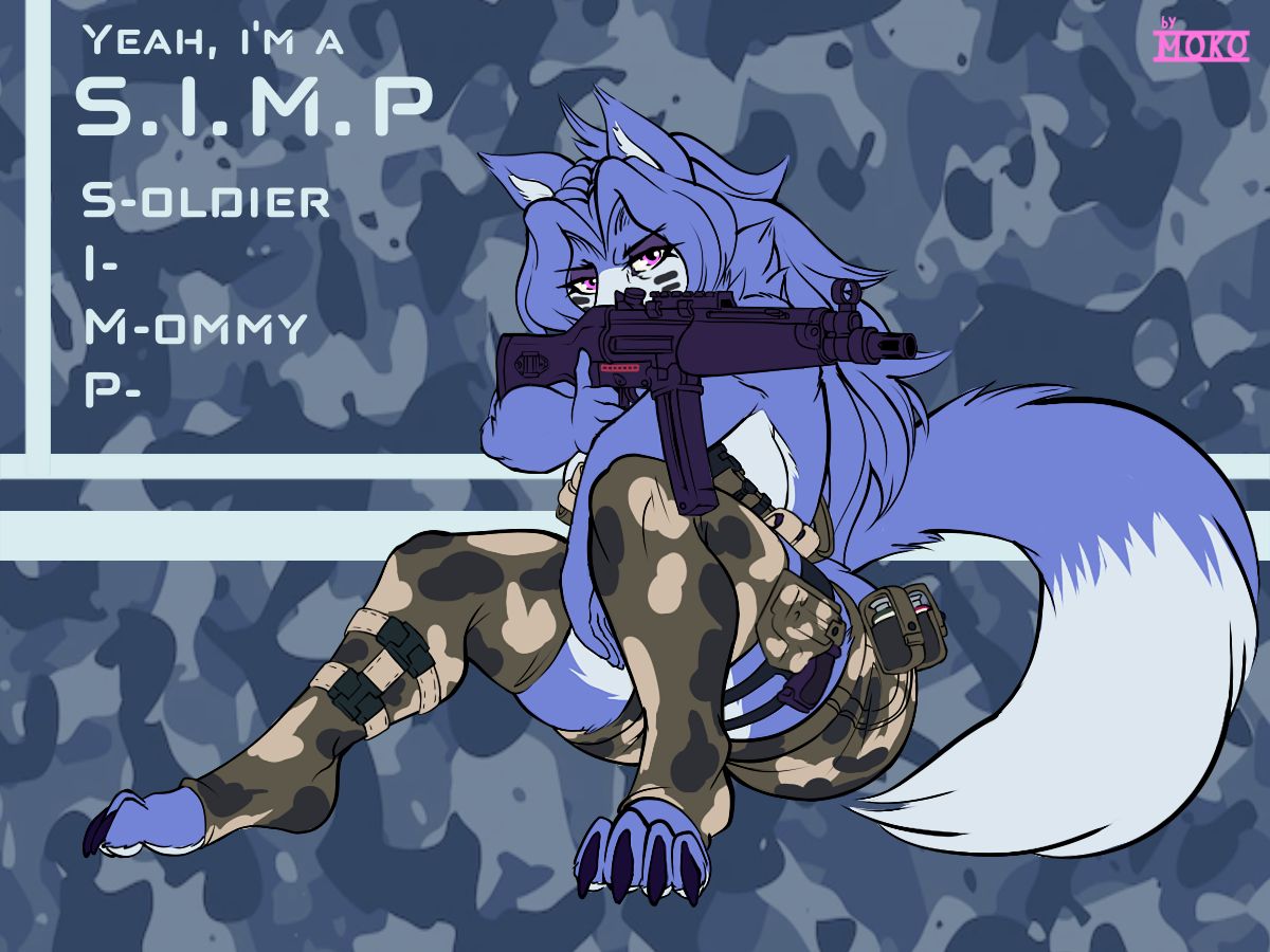 anthro avi big_breasts blue_body blue_fur blue_hair breasts canid canine canis clothing female fur gun hair holding_gun holding_object holding_weapon mammal military_uniform moko_(artist) mp5 ranged_weapon soldier solo uniform warrior weapon white_body white_fur wolf