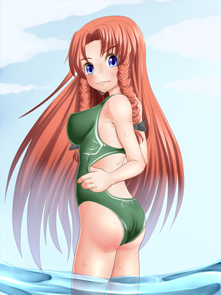 ass blue_eyes competition_swimsuit drill_hair hong_meiling kurone long_hair one-piece_swimsuit red_hair solo submerged swimsuit touhou wet