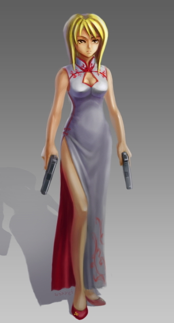 aya_brea blonde_hair breasts china_dress chinadress chinese_clothes dress female full_body gradient gradient_background gun long_hair parasite_eve solo weapon winrei