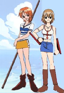 2girls clima-tact crossover elie heroine lowres multiple_girls nami one_piece rave rave_master short_hair skirt
