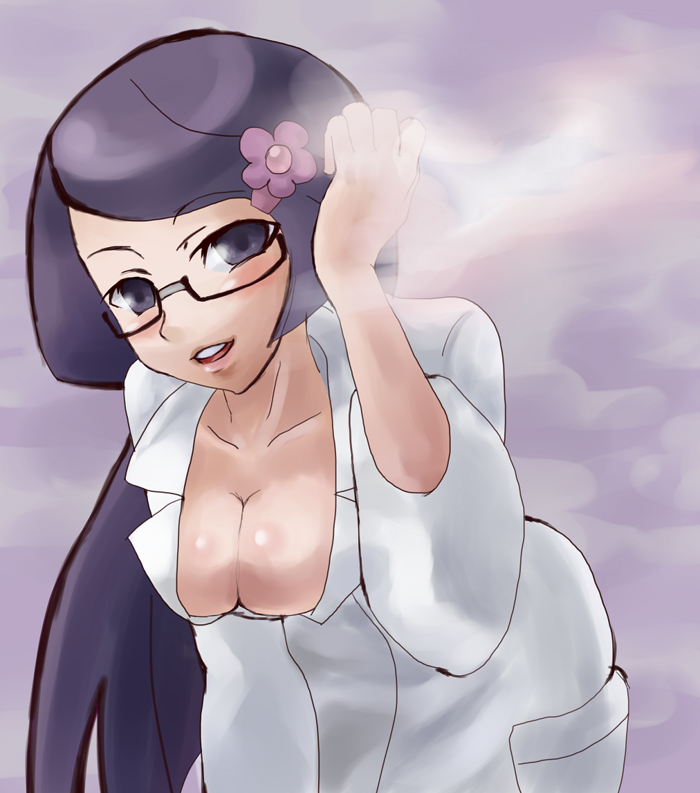 artist_request blush breasts cleavage glasses labcoat makomo_(pokemon) pokemon smile