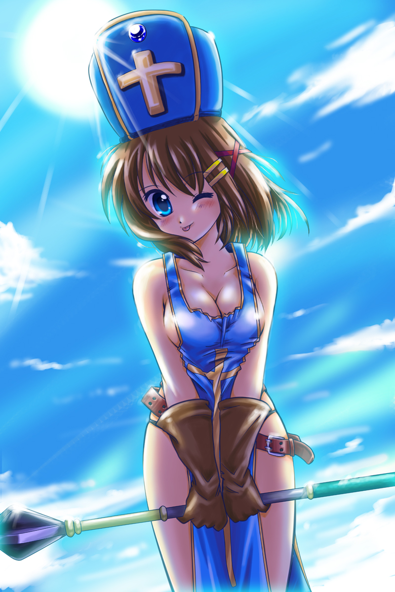 :p blue_eyes breasts brown_hair cleavage cosplay day dragon_quest dragon_quest_iii gloves hair_ornament hat highres large_breasts lyrical_nanoha mahou_shoujo_lyrical_nanoha_strikers mitre naked_tabard one_eye_closed priest_(dq3) priest_(dq3)_(cosplay) san-pon sky solo tabard tongue tongue_out x_hair_ornament yagami_hayate