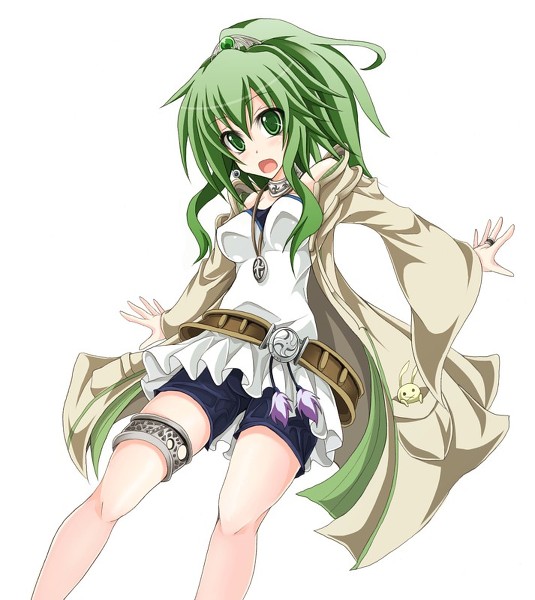 1girl belt blush coat duel_monster green_eyes green_hair jewelry korican necklace open_mouth pixiv_thumbnail ponytail shorts solo wynn wynnda,_miko_of_the_gusta wynnda_miko_of_the_gusta yu-gi-oh!