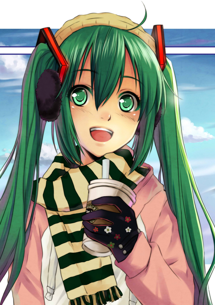 ablaze ahoge cup earmuffs gloves green_eyes green_hair hat hatsune_miku long_hair open_mouth scarf smile solo starbucks striped striped_scarf twintails vocaloid