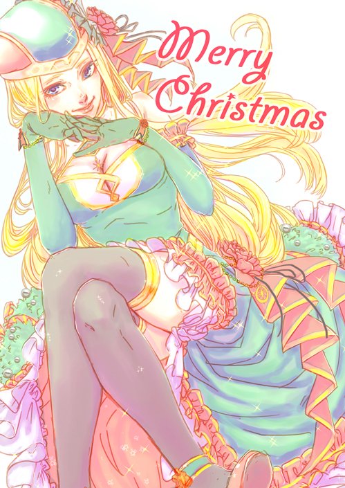 1girl blonde_hair blue_eyes breasts christmas detached_sleeves dress feet_out_of_frame freya_(valkyrie_profile) gloves green_headwear hat jill88bban long_hair looking_at_viewer merry_christmas simple_background skirt smile solo thighhighs valkyrie_profile white_background