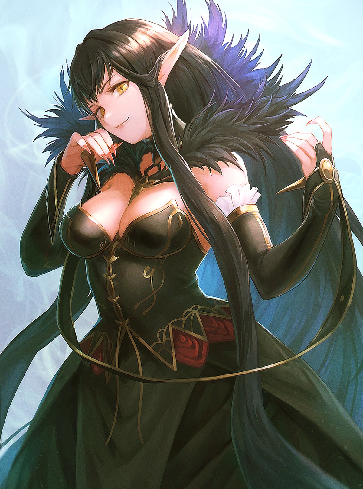 1girl armlet bangs bare_shoulders black_dress blush breasts bridal_gauntlets brown_hair cleavage detached_sleeves dress fate/apocrypha fate_(series) fur_trim gold_trim highres large_breasts long_hair looking_at_viewer otsukemono pointy_ears ribbon semiramis_(fate) sidelocks slit_pupils smile solo spikes very_long_hair yellow_eyes