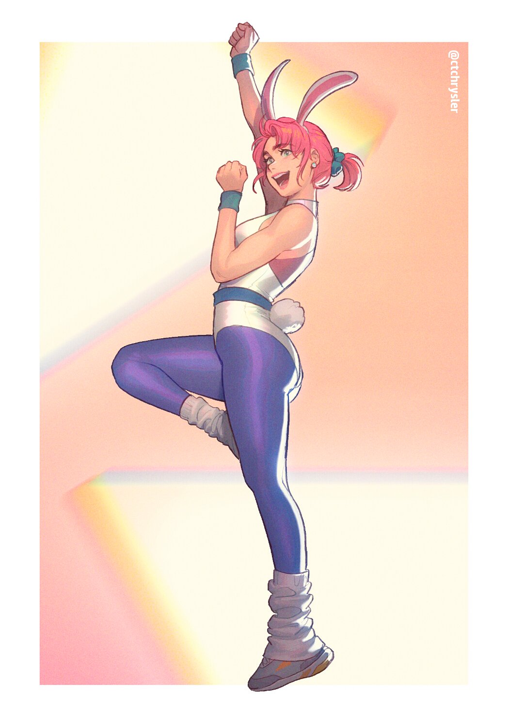 1girl :d aerobics animal_ears annie_mei annie_mei_project blue_eyes border caleb_thomas clenched_hands earrings english_commentary grey_footwear hair_behind_ear highres jewelry leg_warmers leotard open_mouth pink_hair playboy_bunny ponytail rabbit_ears rabbit_tail scrunchie shoes short_hair smile sneakers solo tail twitter white_border white_leotard wristband